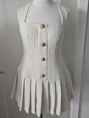 White Tweed Hatler Pleated Dress With Gold Buttons